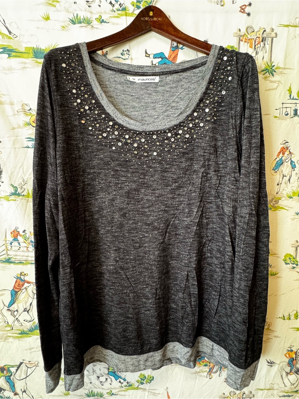 Maurices Charcoal Gray Scoop Neck Embellished Long Sleeve Top - size 2